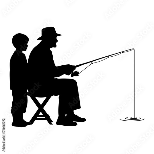 Grandfather and grandson fishing together silhouette