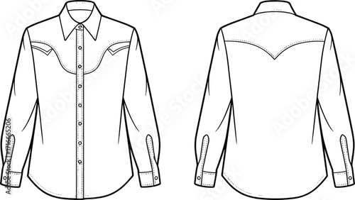 Vector illustration of western style shirt with front and back view, button placket, and decorative yoke designVector illustration of western style shirt with front and back view, button placket, 