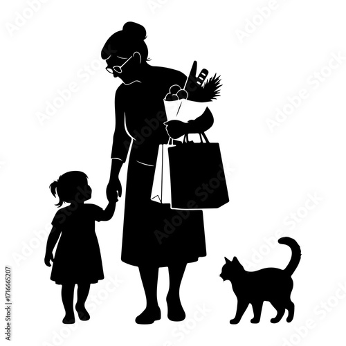 Grandmother holding child's hand with groceries and cat