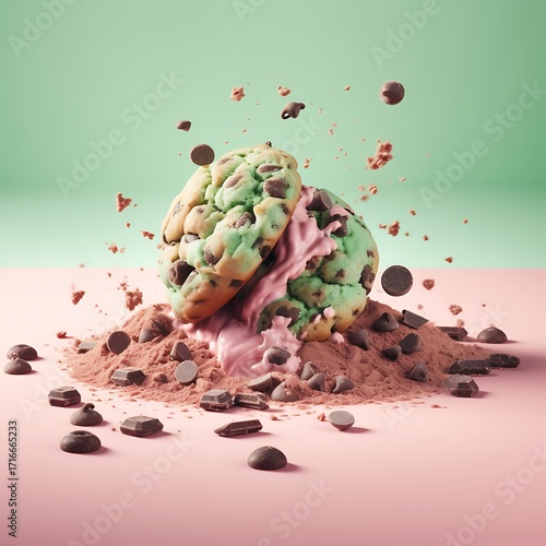 Mint chocolate chip cookies with pink filling delicious dessert