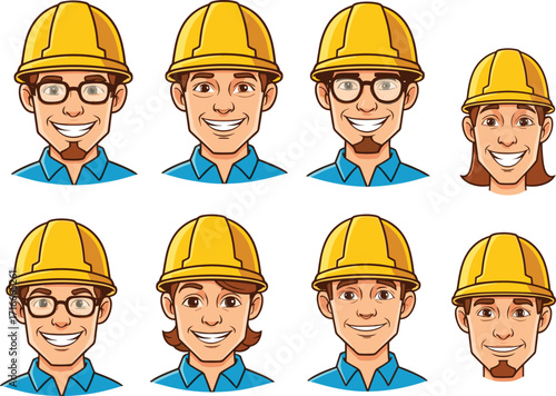 Cartoon construction workers wearing yellow hard hats, diverse faces, smiling, blue shirts, builder avatars, vector illustration