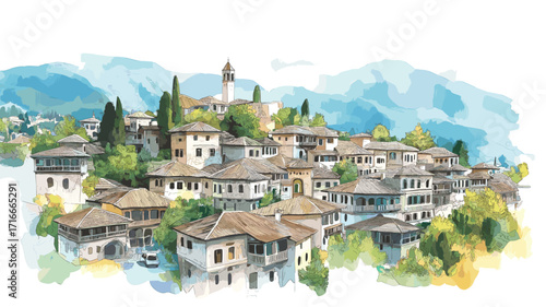 Gjirokaster Old Town. Gjirokaster Old Town watercolor vector illustration