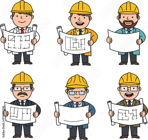 Cartoon male architects and engineers holding blueprints, construction professionals in hard hats, vector character set for design and building themes