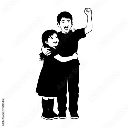 Joyful siblings embracing with raised fist children