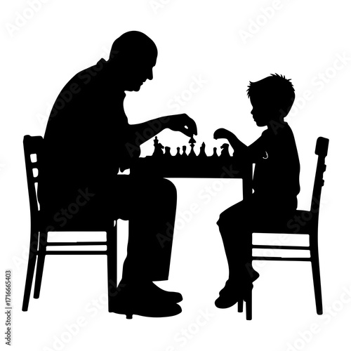 Man and boy playing chess game strategy