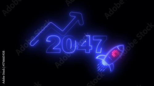 Wallpaper Mural Blue neon 2047 year with upward arrow graph and rocket ship icon on black background new year Torontodigital.ca