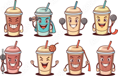 Cute cartoon coffee cups with happy faces, fitness-themed drink characters, animated beverage mascots, fun workout drinks, kawaii coffee and tea icons