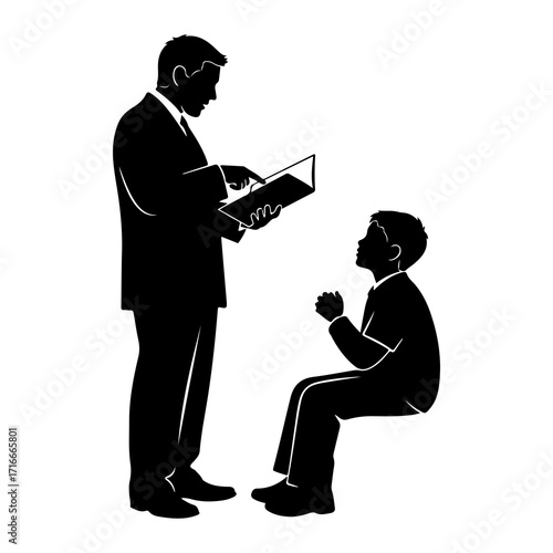 Man teaching boy with book learning