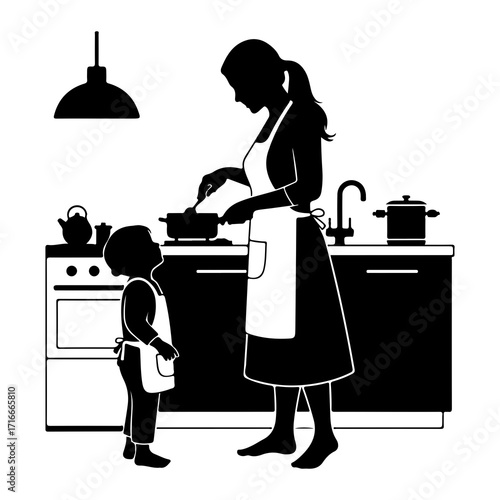 Mother and child cooking together in kitchen stove