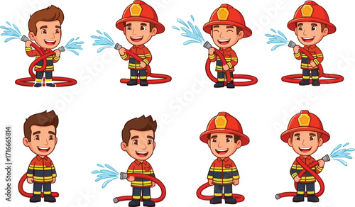 Cute cartoon firefighter boy holding water hose, spraying water, wearing red helmet and uniform, smiling, emergency rescue, vector illustration