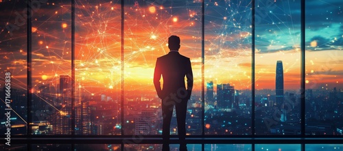 City Skyline at Sunset Reveals a Business Professional Contemplating Future O...