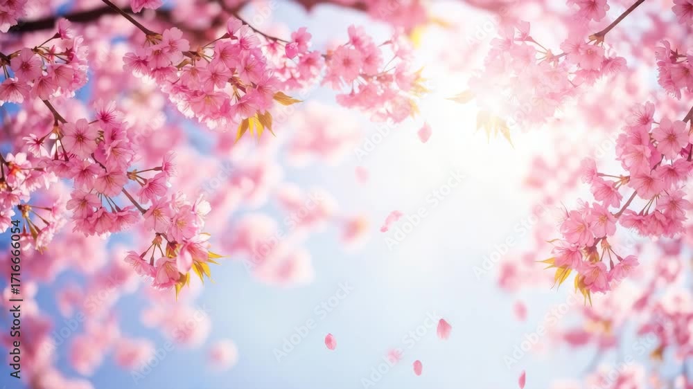 A dreamy scene of cherry blossoms in full bloom against a blue sky, with petals falling gently, creating a serene and romantic atmosphere in springtime ai generated vedio