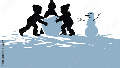 Children Building Snowman Illustration Art Isolated on Transparent Background