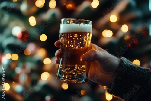 Toasting With a Beer in Front of a Festive Christmas Tree With Lights in the ...