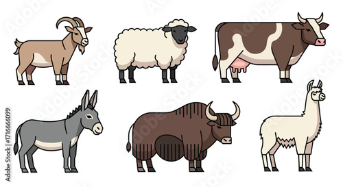 Collection of farm animals including a goat, sheep, cow, donkey, yak, and llama, isolated on white background