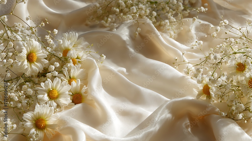 Fototapeta premium Delicate background with white silk fabric, daisy flowers and gypsophila creates a soft, romantic and luxurious atmosphere for special events