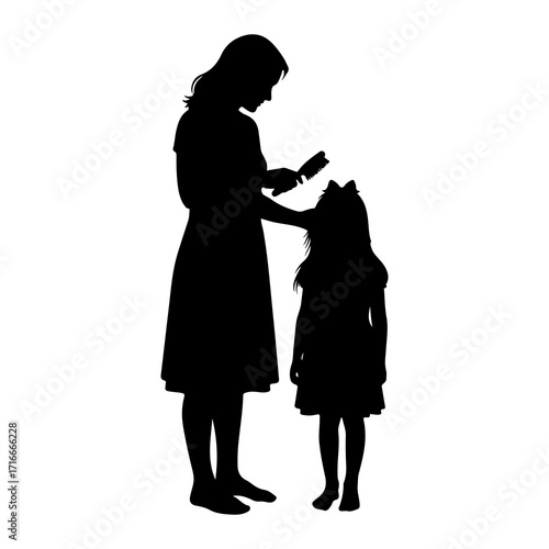 Mother brushing daughters hair grooming