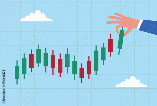 Vector illustration of a hand adding a green candlestick bar on stock market chart, representing trading strategy, financial growth, investment decision and market analysis
