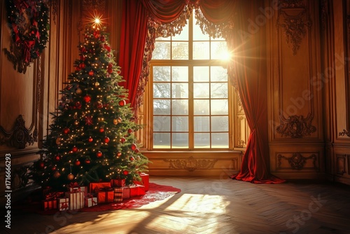 Festive Christmas Tree Adorned With Decorations and Gifts in an Elegant Room ...
