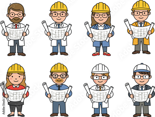 Professional engineers and architects holding blueprints, cartoon construction workers, technical design team, vector character set