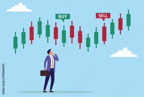 Vector illustration of a businessman standing in front of candlestick chart with buy and sell signals, symbolizing stock trading, market analysis and investment decision
