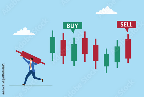 Vector illustration of a trader running away from a candlestick chart with a red bar, symbolizing market losses, risk, and declining investments
