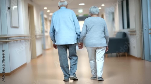 elderly patients slowly walking in rehabilitation corridor featuring floor contrast zones for safety intentional detail three quarter wide angle cinematic color correction gentle