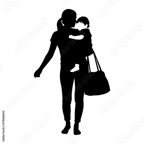 Mother holding child with bag baby carrying