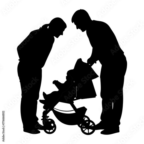 Parents admire baby in stroller family silhouette
