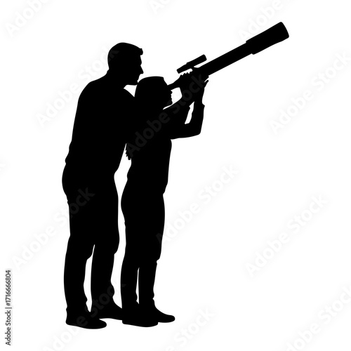 People observing through telescope silhouette stargazing