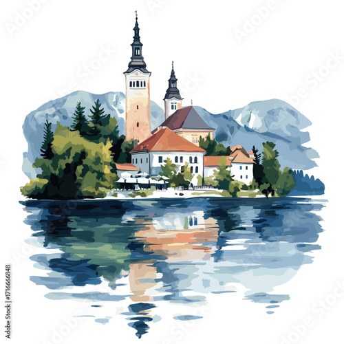 Lake Bled. Lake Bled watercolor vector illustration