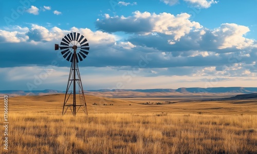 Windmill Stands in Golden Grasslands Under a Blue Sky With Scattered Clouds N...