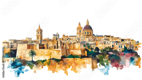 Mdina Old Town. Mdina Old Town watercolor vector illustration