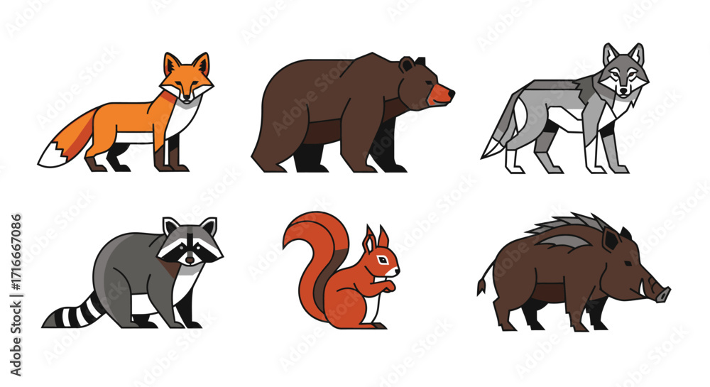 Naklejka premium Collection of six forest animals, including a fox, bear, wolf, raccoon, squirrel, and wild boar, isolated on white background