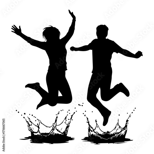 Silhouettes jumping into water splashes black silhouette