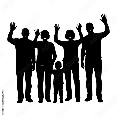 Silhouettes of a family waving people adults