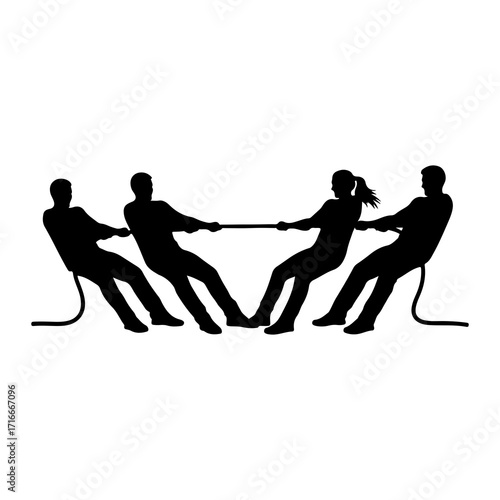 Silhouettes of people playing tug of war competition
