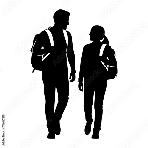 Silhouettes of walking people with backpacks male