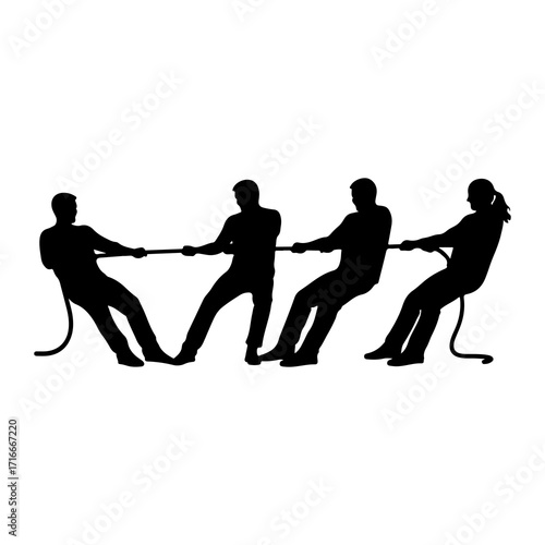 Silhouettes of people playing tug of war team competition