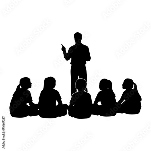 Teacher instructing seated children students classroom