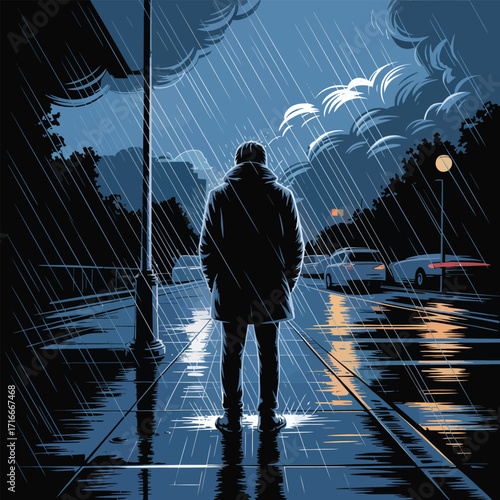 Melancholy Solitude Illustration A Lone Figure Stands in the Rain on a Dark Street Art