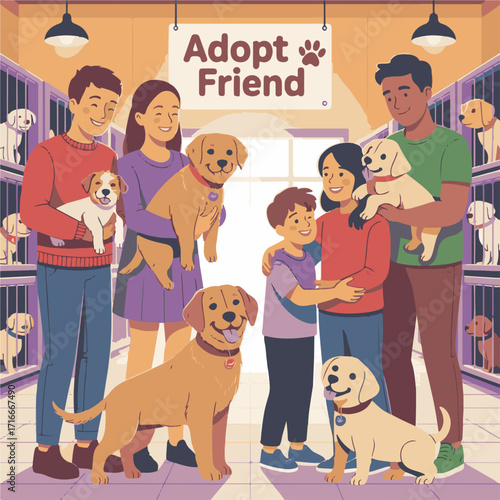 Happy Family Adopting a Dog at an Animal Shelter