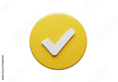Bright yellow circle with white checkmark symbol indicating success completion and agreement transparent background
