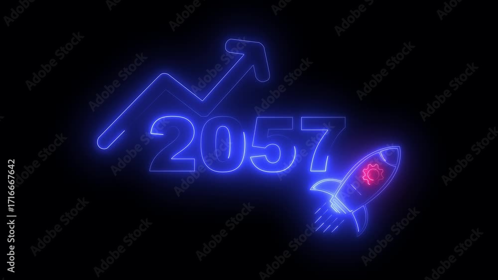 custom made wallpaper toronto digitalBlue neon 2057 year with upward arrow graph and rocket ship icon on black background new year