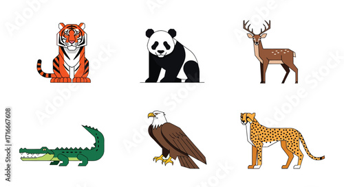 Collection of six wild animals including a tiger, panda, deer, alligator, eagle, and cheetah, isolated on white background