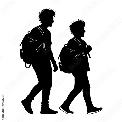 Two figures walking with backpacks silhouette people