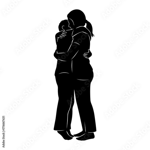 Two figures embracing tightly black silhouette embrace