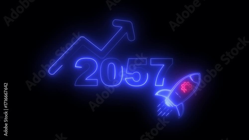 Wallpaper Mural Blue neon 2057 year with upward arrow graph and rocket ship icon on black background new year Torontodigital.ca