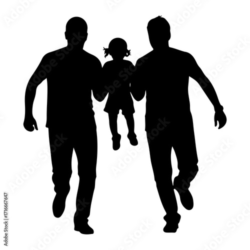 Two men holding a child running silhouette family