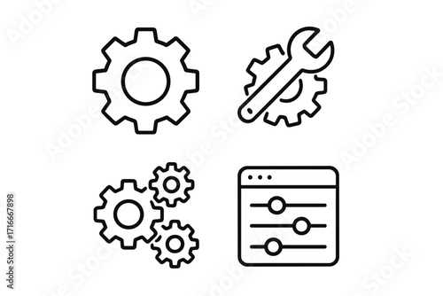 Icons depicting gears, a wrench, and a control panel for mechanical and technical tasks